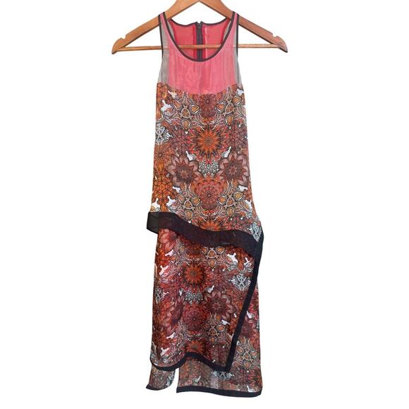Helmut Lang Red Mandala Print Silk Dress Asymmetrical Wrap Sleeveless size 2 - Picture 3 of 12
